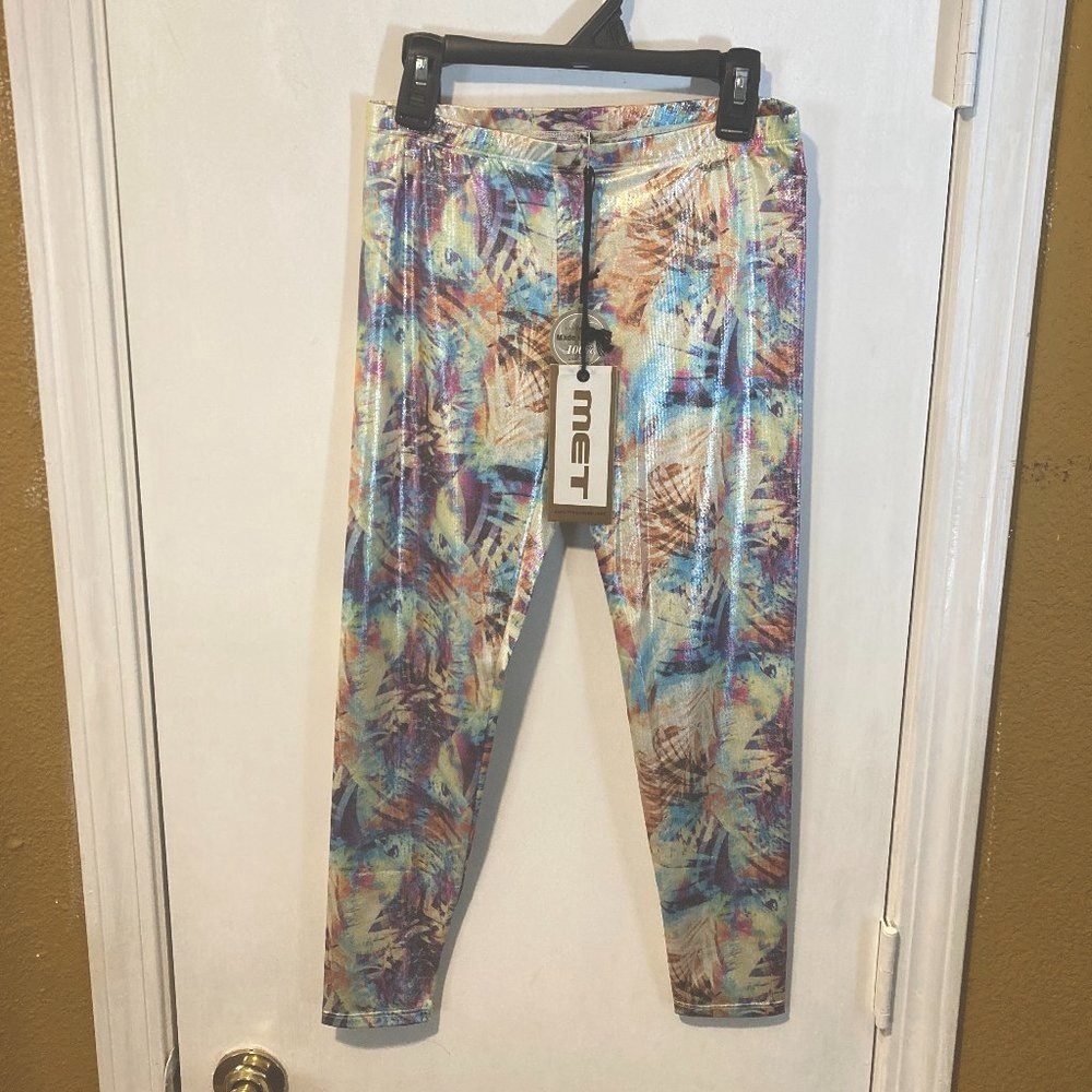 MET junior ladies stretch satin violet digital summer print athletic leggings